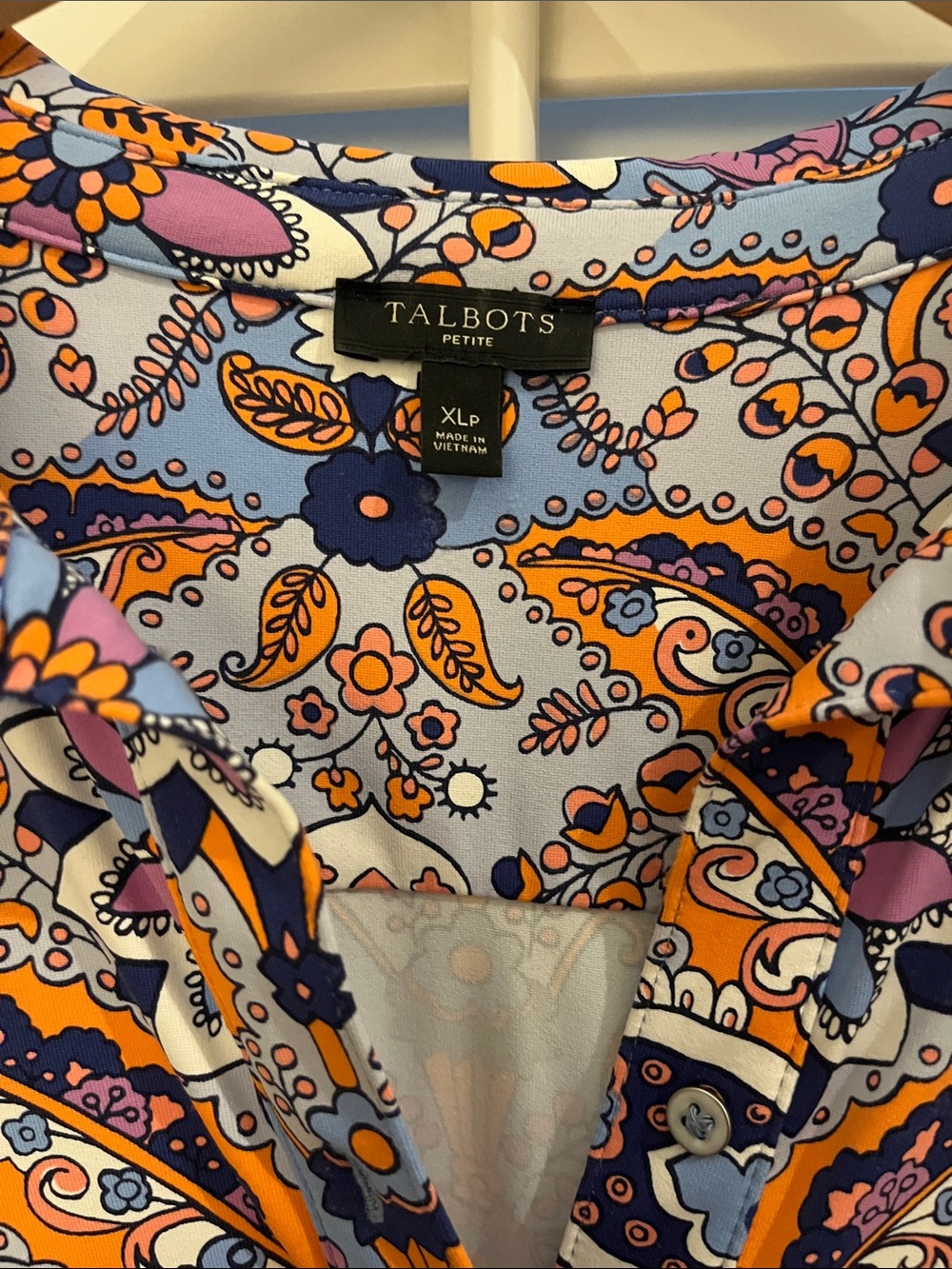 Talbots Paisley Button-Front Tunic in Light Blue, Orange & Purple Stretchy XLP - Picture 2 of 10
